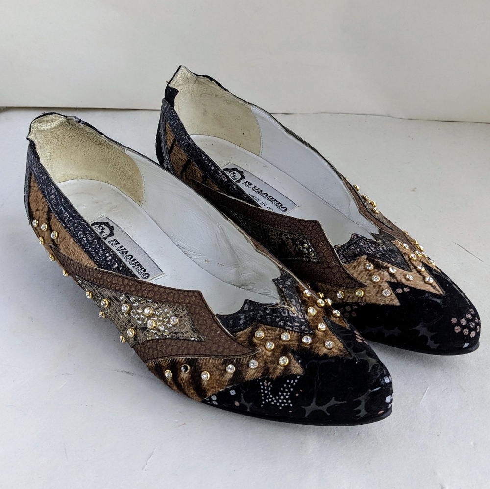 El Vaquero Vintage 80s Black Brown Western Point Toe Shoes Unique RARE Sz 36.5